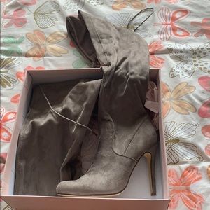 Taupe thigh-high heeled boots